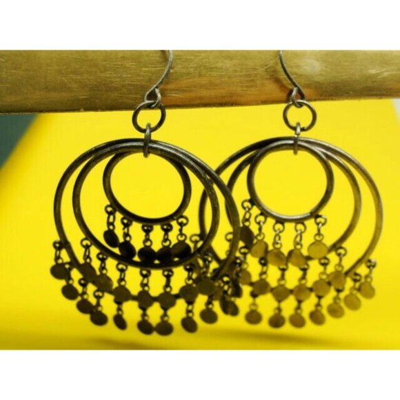 Big Multi Moving Circles Silver Tone Vertical Drop Dangle Hook Earrings Womans - Picture 6 of 6